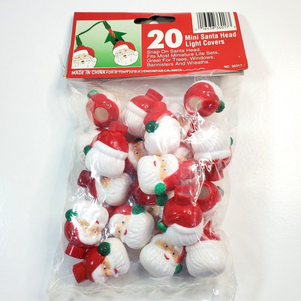 Vintage Plastic Blow Mold Christmas Santa Heads 20 Mini Light Bulb Covers Retro